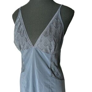CALVIN KLEIN Navy Blue Silky Smooth Chemise Slip Negligee Geo Lace V Neck S/M